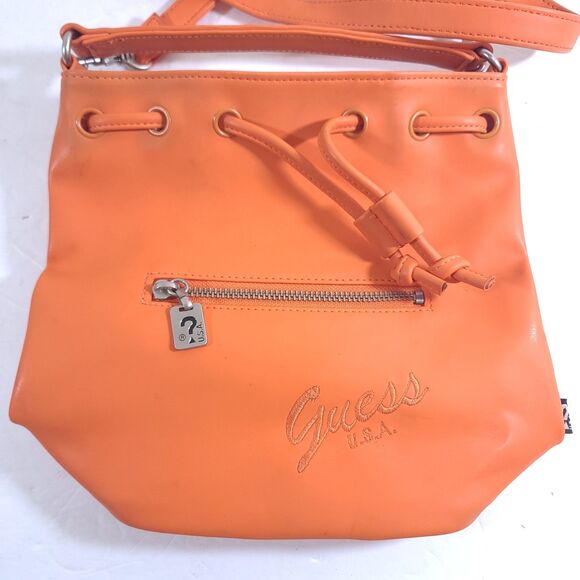 Guess Vintage Y2k Drawstring Closure Crossbady Bucket  bag womans Orange Purse - Picture 1 of 15